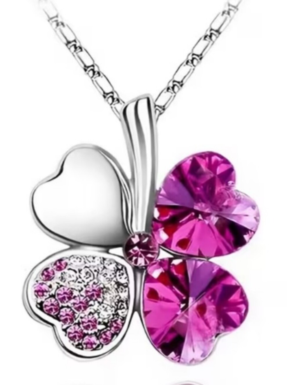 Pink Crystal Four Leaf Clover Necklace Silver Tone Heart Pendant Y2K Gift